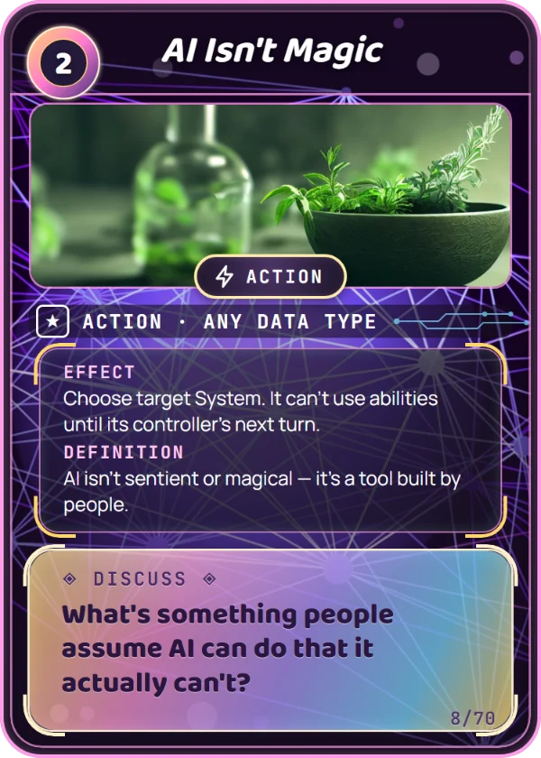 AI Isn't Magic. Action, Any Data Type, Chase, cost 2. Effect: Choose target System. It can't use abilities until its controller's next turn. Definition: AI isn't sentient or magical — it's a tool built by people. Discuss: What's something people assume AI can do that it actually can't?