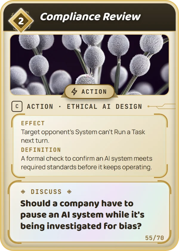 Compliance Review. Action, Ethical AI Design, Common, cost 2. Effect: Target opponent's System can't Run a Task next turn. Definition: A formal check to confirm an AI system meets required standards before it keeps operating. Discuss: Should a company have to pause an AI system while it's being investigated for bias?