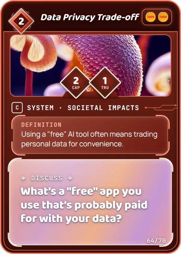 Data Privacy Trade-off. System, Societal Impacts, Common, cost 2. Capability 2, Trust 1, 2 Tokens. Definition: Using a "free" AI tool often means trading personal data for convenience. Discuss: What’s a "free" app you use that’s probably paid for with your data?