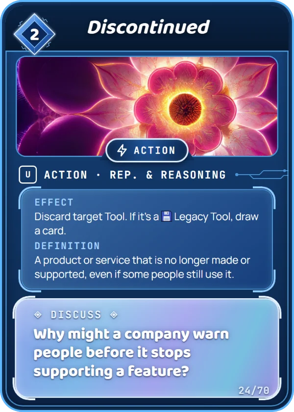 Discontinued. Action, Rep. & Reasoning, Uncommon, cost 2. Effect: Discard target Tool. If it's a Legacy Tool, draw a card. Definition: A product or service that is no longer made or supported, even if some people still use it. Discuss: Why might a company warn people before it stops supporting a feature?