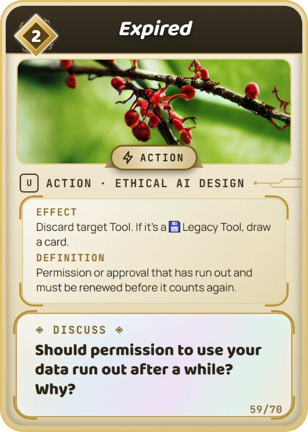 Expired. Action, Ethical AI Design, Uncommon, cost 2. Effect: Discard target Tool. If it's a Legacy Tool, draw a card. Definition: Permission or approval that has run out and must be renewed before it counts again. Discuss: Should permission to use your data run out after a while? Why?