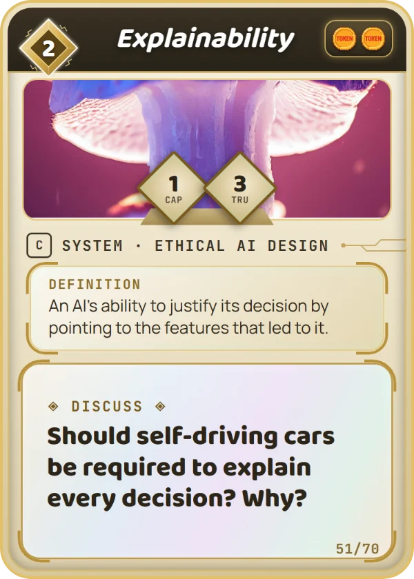 Explainability. System, Ethical AI Design, Common, cost 2. Capability 1, Trust 3, 2 Tokens. Definition: An AI's ability to justify its decision by pointing to the features that led to it. Discuss: Should self-driving cars be required to explain every decision? Why?