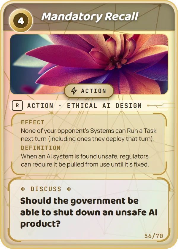 Mandatory Recall. Action, Ethical AI Design, Rare, cost 4. Effect: None of your opponent's Systems can Run a Task next turn (including ones they deploy that turn). Definition: When an AI system is found unsafe, regulators can require it be pulled from use until it’s fixed. Discuss: Should the government be able to shut down an unsafe AI product?