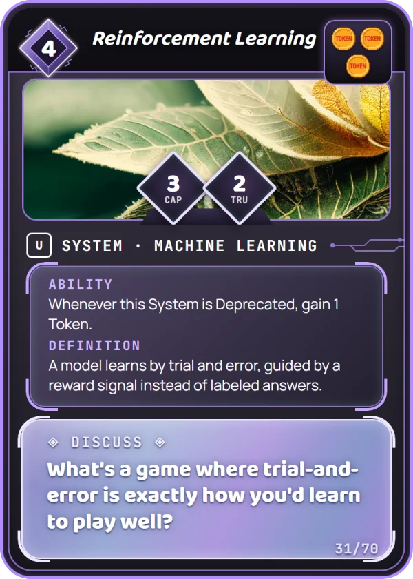 Reinforcement Learning. System, Machine Learning, Uncommon, cost 4. Capability 3, Trust 2, 3 Tokens. Ability: Whenever this System is Deprecated, gain 1 Token. Definition: A model learns by trial and error, guided by a reward signal instead of labeled answers. Discuss: What's a game where trial-and-error is exactly how you'd learn to play well?